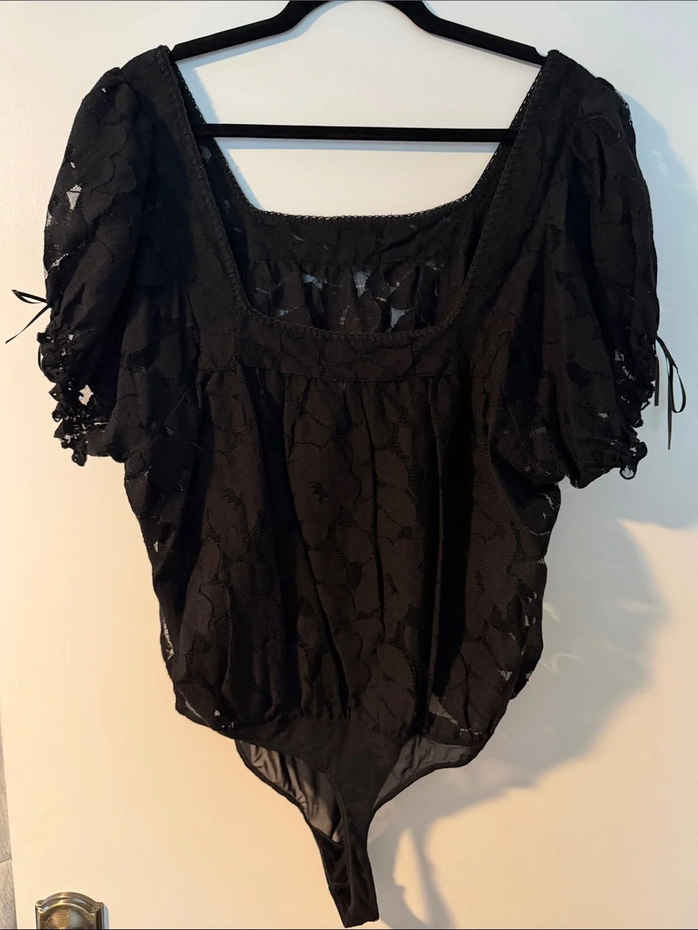 Free People Black Lace Puff Sleeve Bodysuit